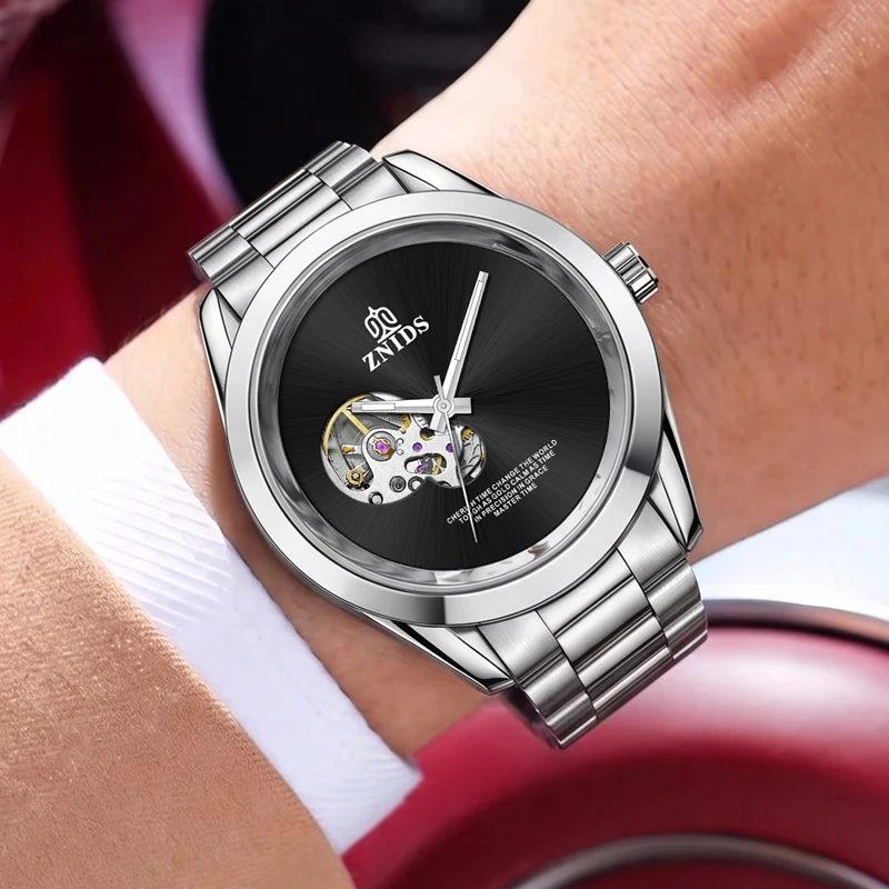 European and American Style Light Luxury Skeleton Mechanical Men's Watch, Minimalist Dial with Transparent Movement Design, Fully Automatic Steel Band Waterproof Wristwatch, Popular Gift for Daily Wear, Formal and Casu