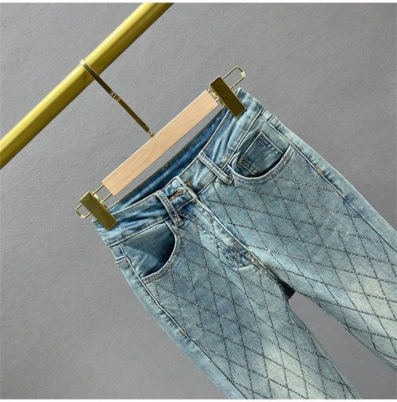 Korean Slim-fit Flared Denim Pants Female New Fashion Elastic High Waist European Goods Rhinestones Trousers Jeans Women Blue