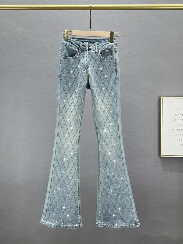 Korean Slim-fit Flared Denim Pants Female New Fashion Elastic High Waist European Goods Rhinestones Trousers Jeans Women Blue