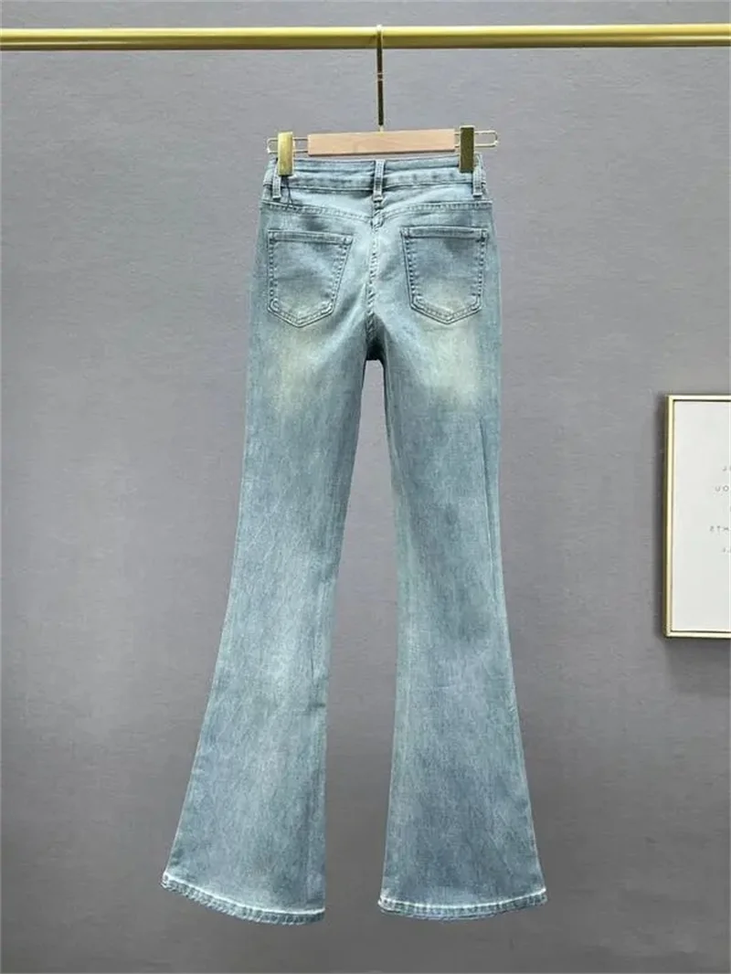 Korean Slim-fit Flared Denim Pants Female New Fashion Elastic High Waist European Goods Rhinestones Trousers Jeans Women Blue