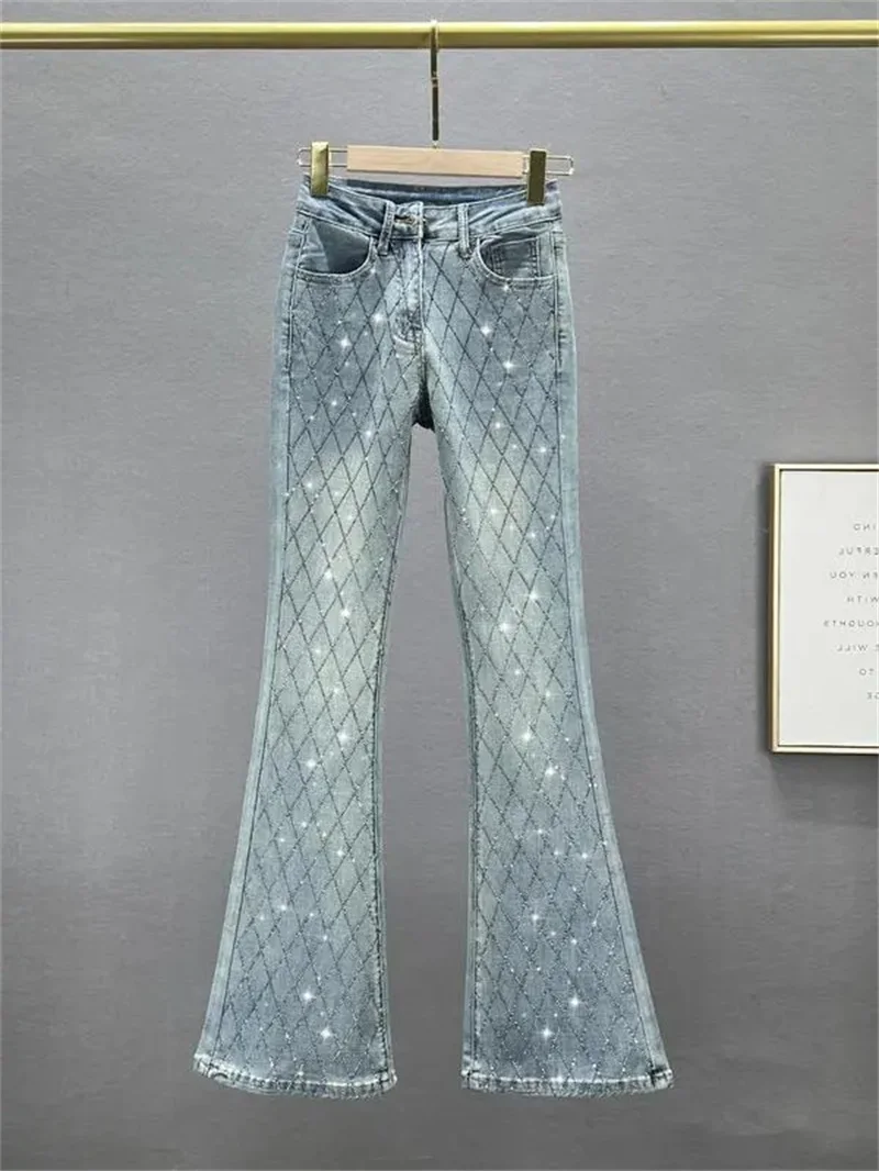 Korean Slim-fit Flared Denim Pants Female New Fashion Elastic High Waist European Goods Rhinestones Trousers Jeans Women Blue