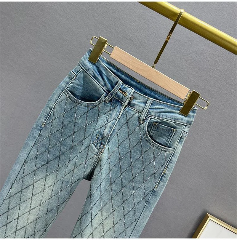 Korean Slim-fit Flared Denim Pants Female New Fashion Elastic High Waist European Goods Rhinestones Trousers Jeans Women Blue