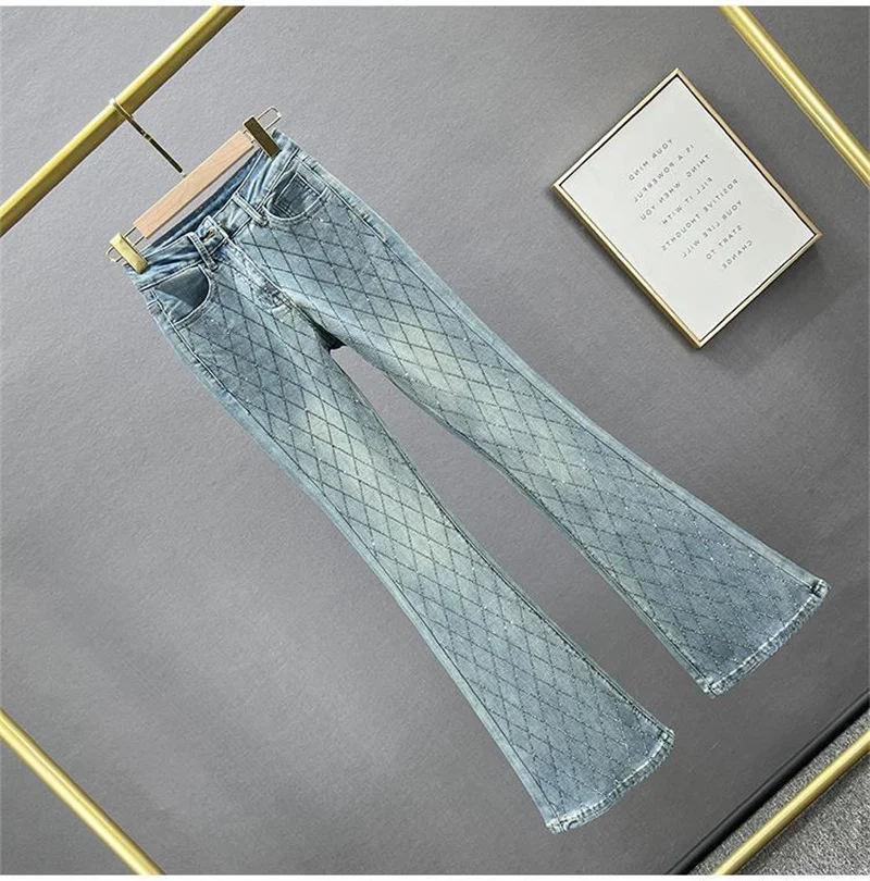Korean Slim-fit Flared Denim Pants Female New Fashion Elastic High Waist European Goods Rhinestones Trousers Jeans Women Blue