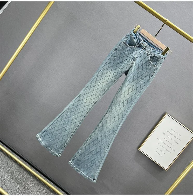Korean Slim-fit Flared Denim Pants Female New Fashion Elastic High Waist European Goods Rhinestones Trousers Jeans Women Blue