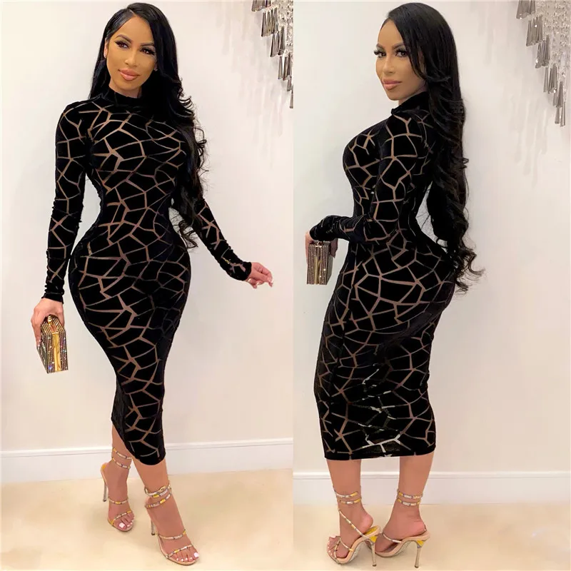 Sexy Sheer Mesh Patchwork Long Sleeve Bodycon Dress Women Night Club Party Plaid Stretchy Slim Midi Dresses Vestidos Para Mujer