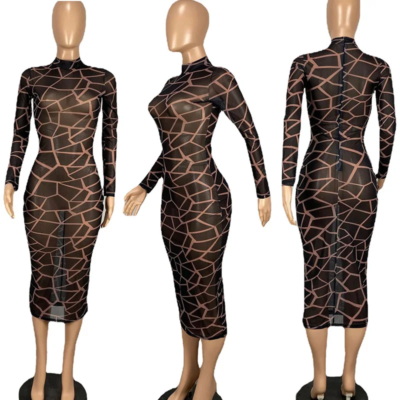 Sexy Sheer Mesh Patchwork Long Sleeve Bodycon Dress Women Night Club Party Plaid Stretchy Slim Midi Dresses Vestidos Para Mujer