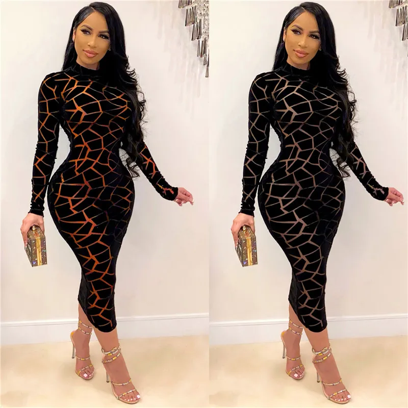 Sexy Sheer Mesh Patchwork Long Sleeve Bodycon Dress Women Night Club Party Plaid Stretchy Slim Midi Dresses Vestidos Para Mujer