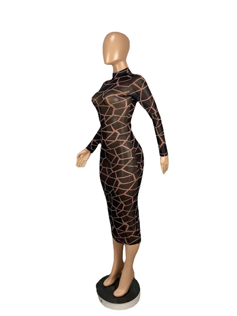 Sexy Sheer Mesh Patchwork Long Sleeve Bodycon Dress Women Night Club Party Plaid Stretchy Slim Midi Dresses Vestidos Para Mujer