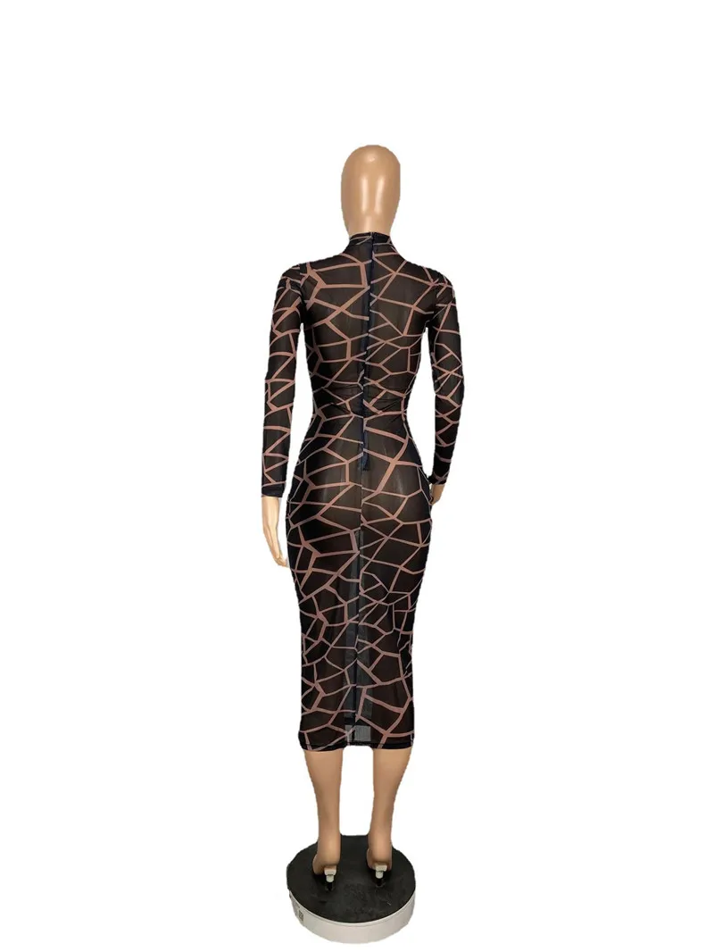 Sexy Sheer Mesh Patchwork Long Sleeve Bodycon Dress Women Night Club Party Plaid Stretchy Slim Midi Dresses Vestidos Para Mujer