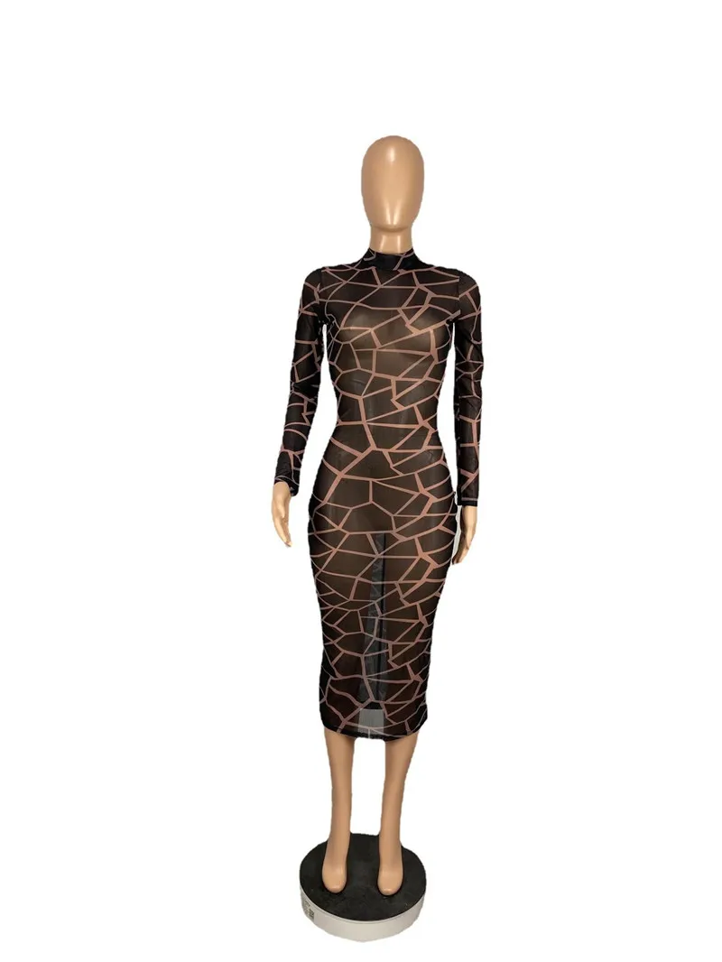 Sexy Sheer Mesh Patchwork Long Sleeve Bodycon Dress Women Night Club Party Plaid Stretchy Slim Midi Dresses Vestidos Para Mujer
