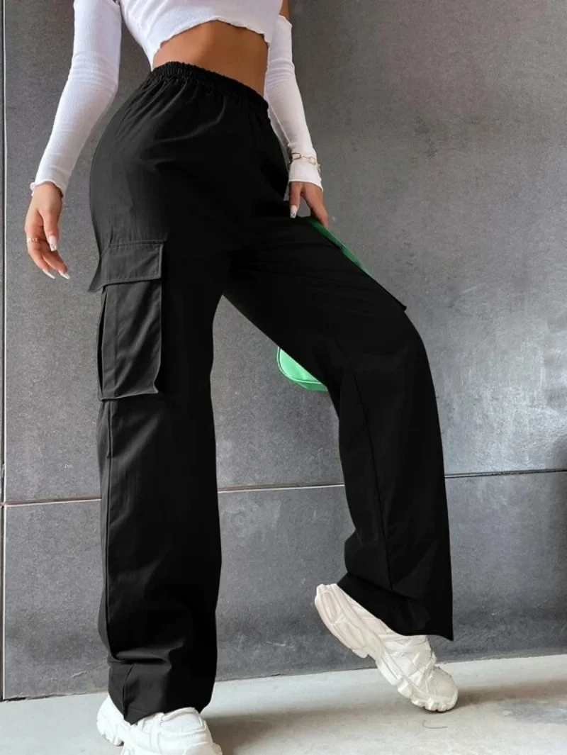 Y2K Solid Ripped Baggy Pants Fashion Women Pocket Elastic Waist Retro Straight Sweatpant Casual Streetwear Cargo New Trousers