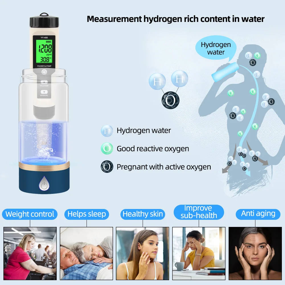 Yieryi Digital Hydrogen Water Tester Monitor 4 in 1 H2 PH ORP TEMP Meter Hydrogen Ion Analyzer for Swimming Drinking Aquarium