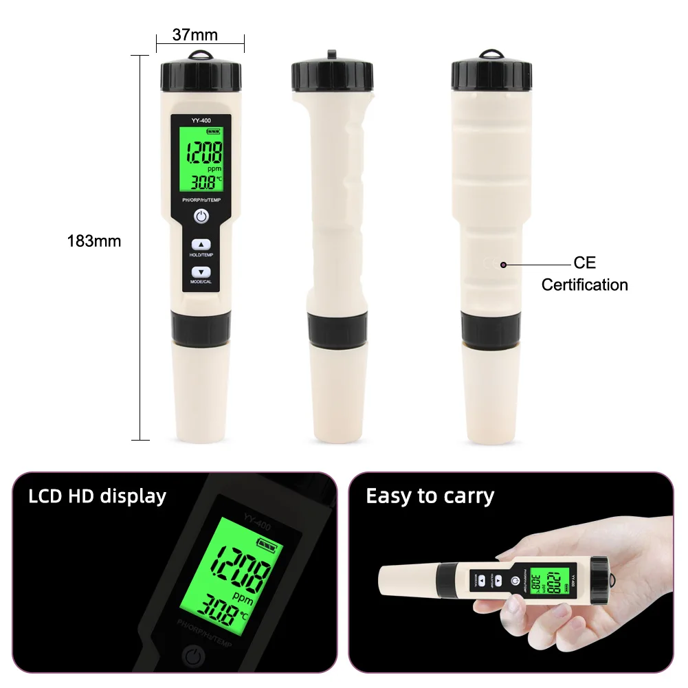 Yieryi Digital Hydrogen Water Tester Monitor 4 in 1 H2 PH ORP TEMP Meter Hydrogen Ion Analyzer for Swimming Drinking Aquarium