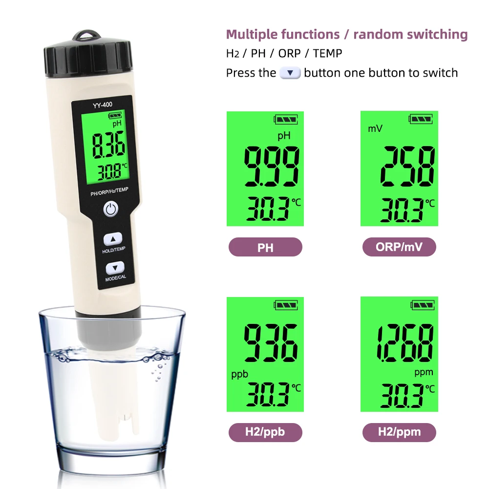 Yieryi Digital Hydrogen Water Tester Monitor 4 in 1 H2 PH ORP TEMP Meter Hydrogen Ion Analyzer for Swimming Drinking Aquarium