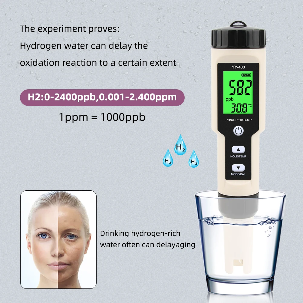 Yieryi Digital Hydrogen Water Tester Monitor 4 in 1 H2 PH ORP TEMP Meter Hydrogen Ion Analyzer for Swimming Drinking Aquarium