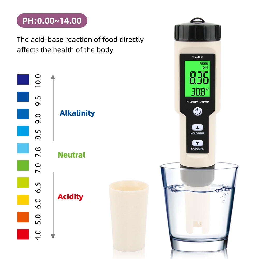 Yieryi Digital Hydrogen Water Tester Monitor 4 in 1 H2 PH ORP TEMP Meter Hydrogen Ion Analyzer for Swimming Drinking Aquarium