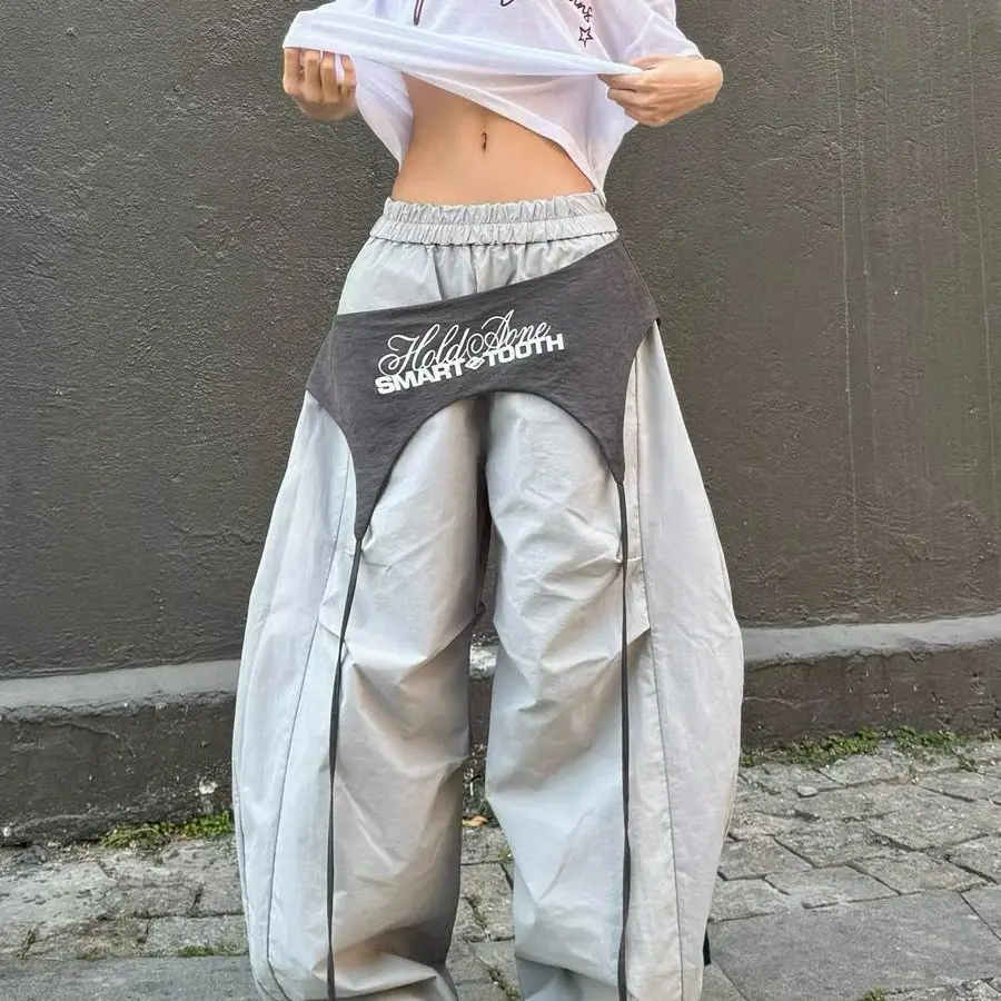 Women's Y2K Style Wide Leg Cargo Pants Cross-layer Straps Design Casual Hip Hop Dance Streetwear Trousers