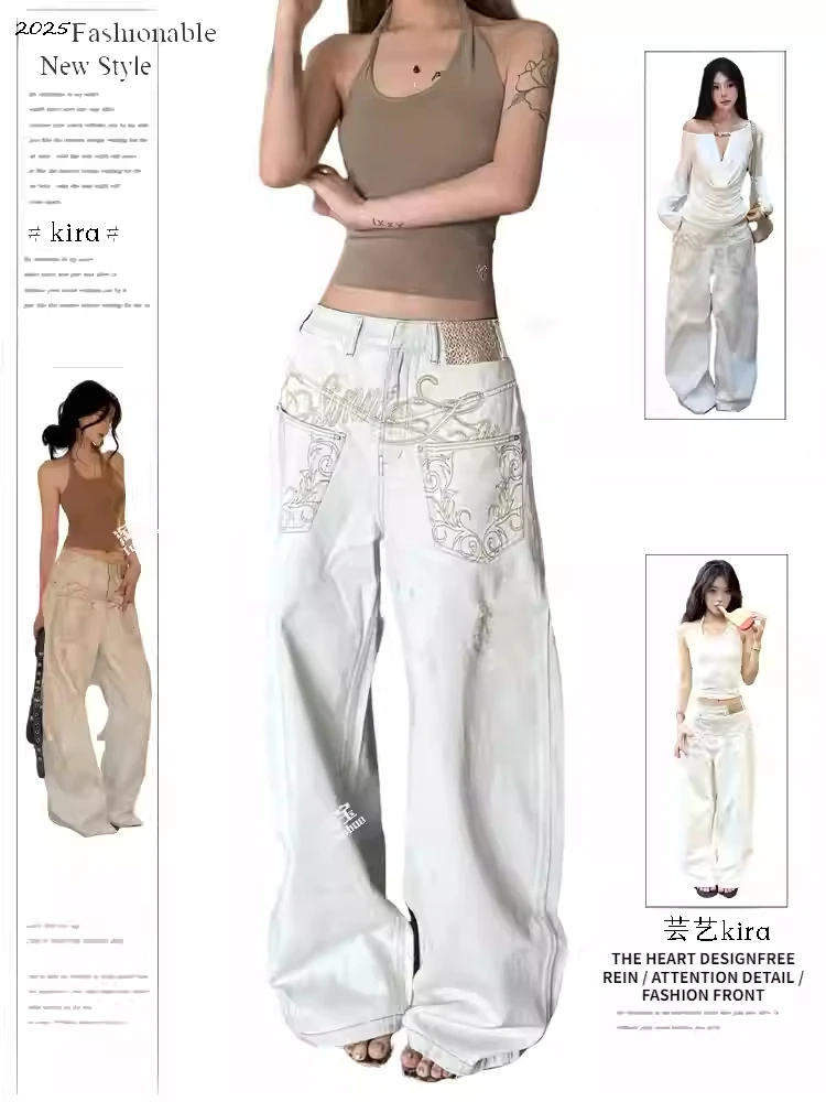 Women Embroidery Baggy Jean Japanese Y2K Streetwear Harajuku Denim Pants Hip-pop 2000s Wide Leg High Street Cyber Punk Tomboy