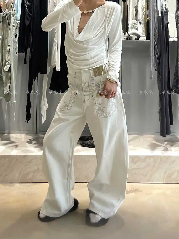 Women Embroidery Baggy Jean Japanese Y2K Streetwear Harajuku Denim Pants Hip-pop 2000s Wide Leg High Street Cyber Punk Tomboy