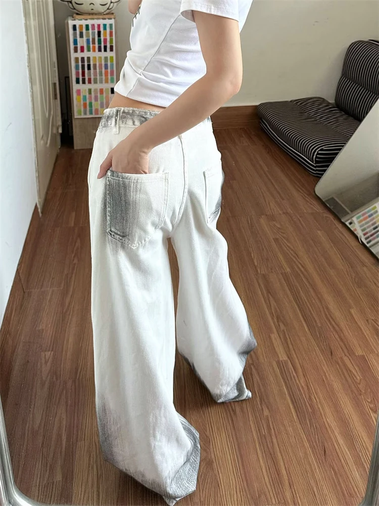 Women's Dirty White Hole Casual Pants 90s Y2k Unisex Street Bottoms Girl Wide Leg Sweatpants Female High Waist Trousers