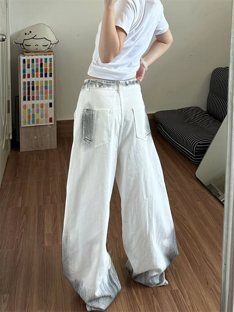 Women's Dirty White Hole Casual Pants 90s Y2k Unisex Street Bottoms Girl Wide Leg Sweatpants Female High Waist Trousers