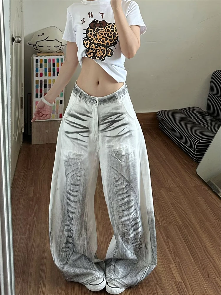 Women's Dirty White Hole Casual Pants 90s Y2k Unisex Street Bottoms Girl Wide Leg Sweatpants Female High Waist Trousers