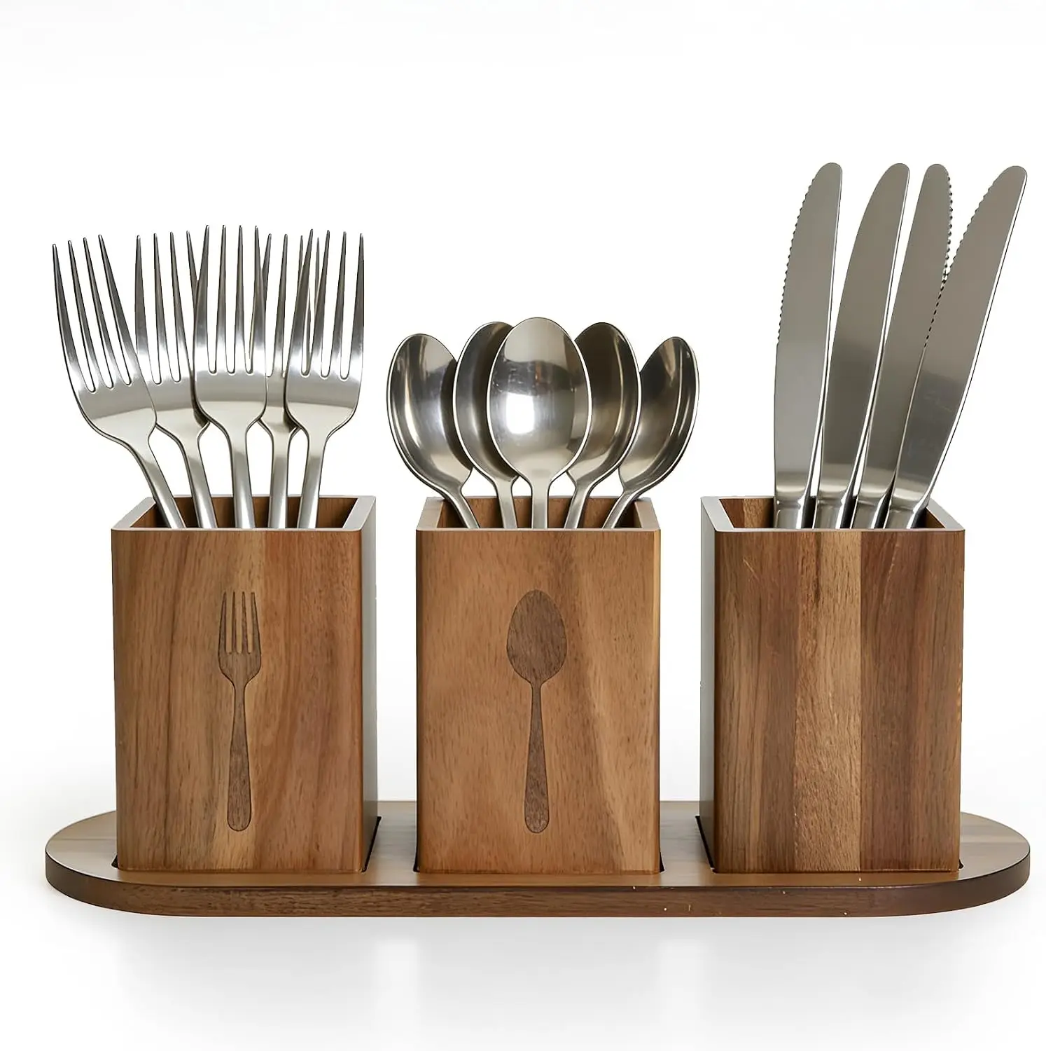 Garvee Acacia Wood Kitchen Utensil Holder Spoon Fork Tableware Storage Rack Cutlery Storage Caddy Organizer Silverware Holder for Spoons Forks Knives, Holds Plates Napkins,