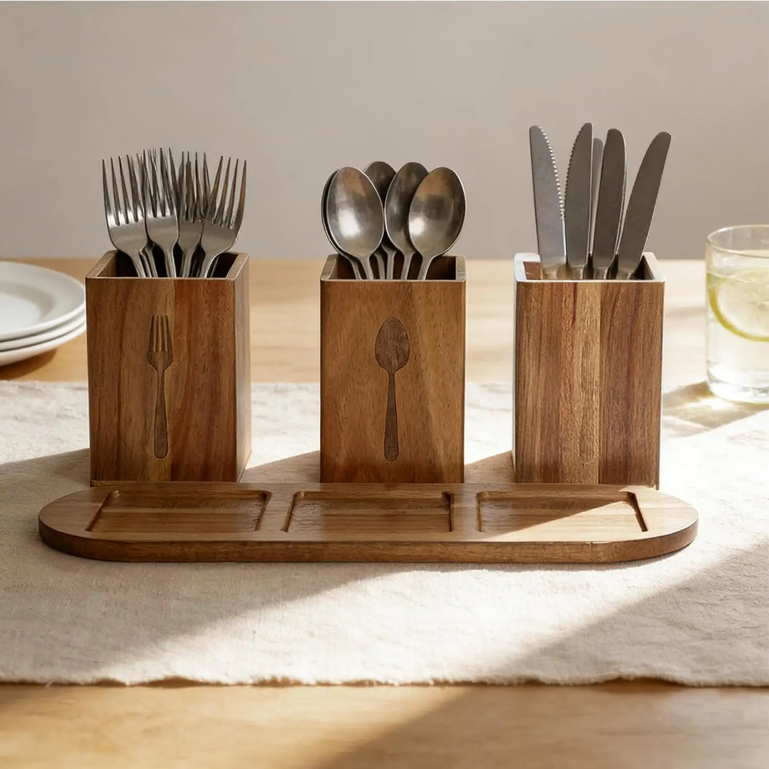Garvee Acacia Wood Kitchen Utensil Holder Spoon Fork Tableware Storage Rack Cutlery Storage Caddy Organizer Silverware Holder for Spoons Forks Knives, Holds Plates Napkins,