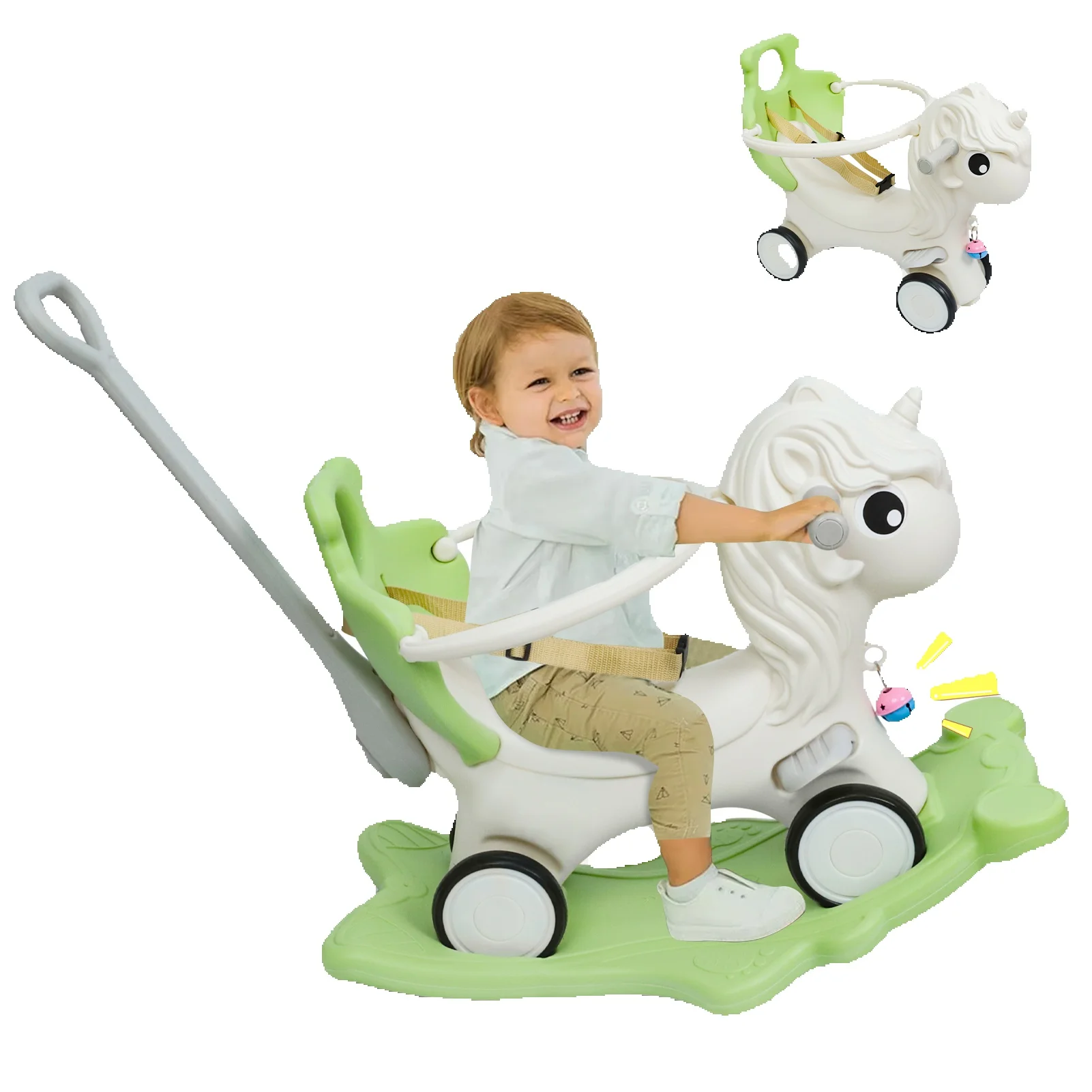 2 in 1 Convertible Unicorn Rocking Horse for Toddlers, Kids Ride On Toy with Anti-Fall Guardrail and Safety Belt, Baby Birthday Gift for 12-36 Months