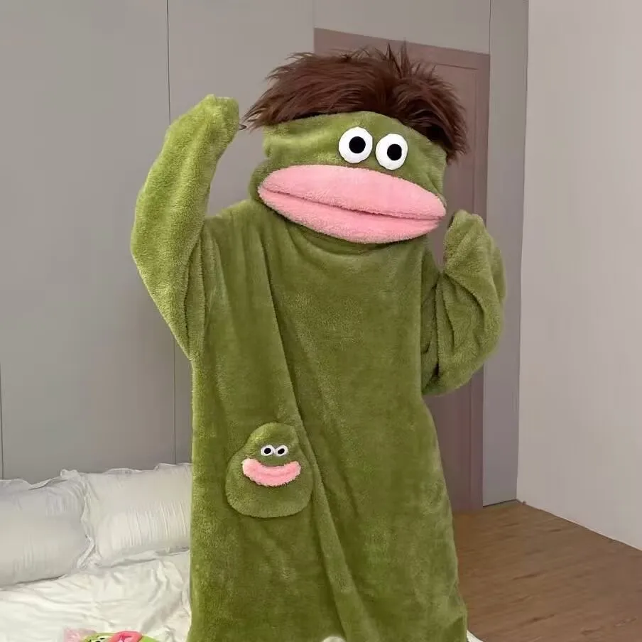 Cartoon Big Mouth Monster Cute Funny Onesie Pajamas Thickened Coral Fleece Homewear For Couples Men Women Autumn Winter Pajamas