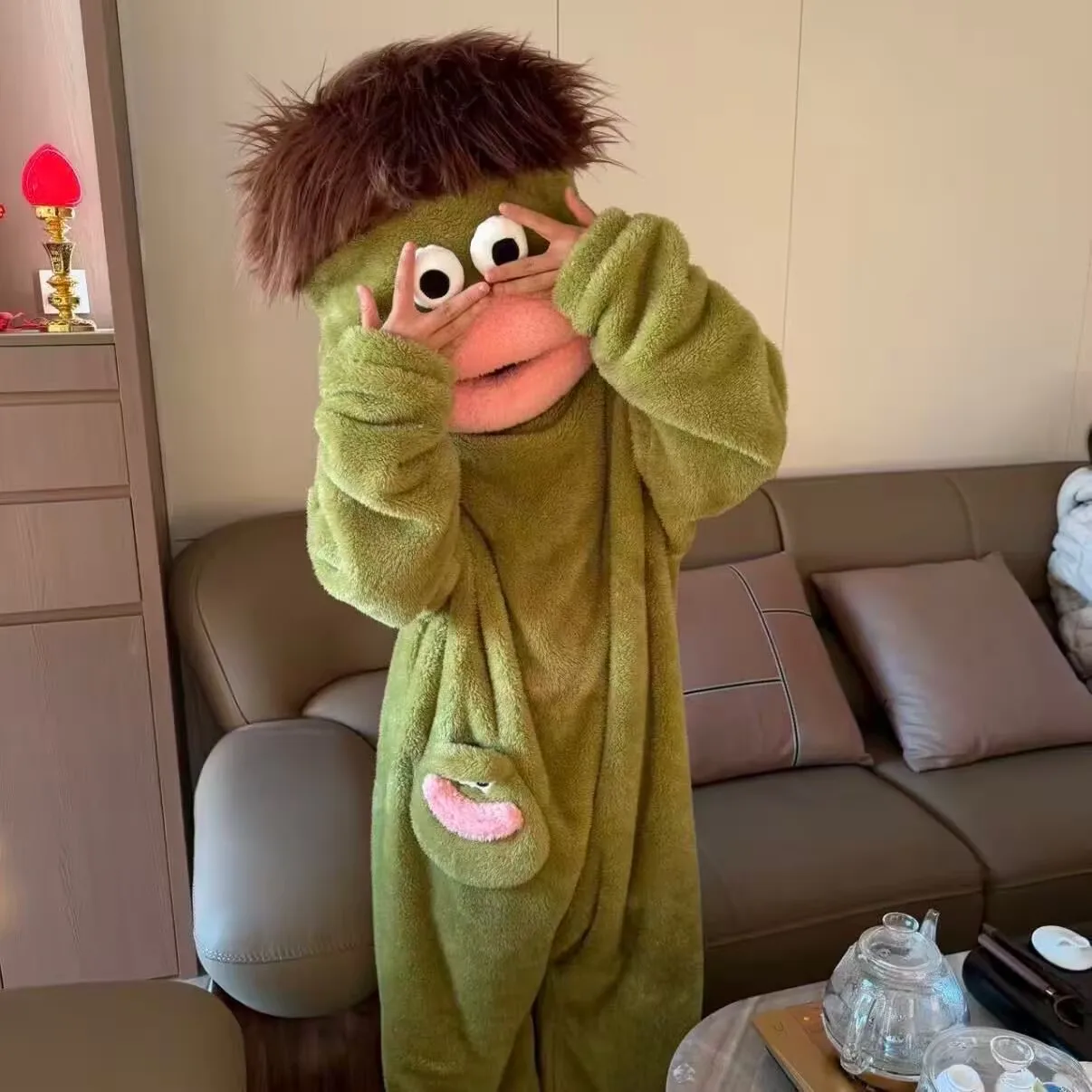 Cartoon Big Mouth Monster Cute Funny Onesie Pajamas Thickened Coral Fleece Homewear For Couples Men Women Autumn Winter Pajamas