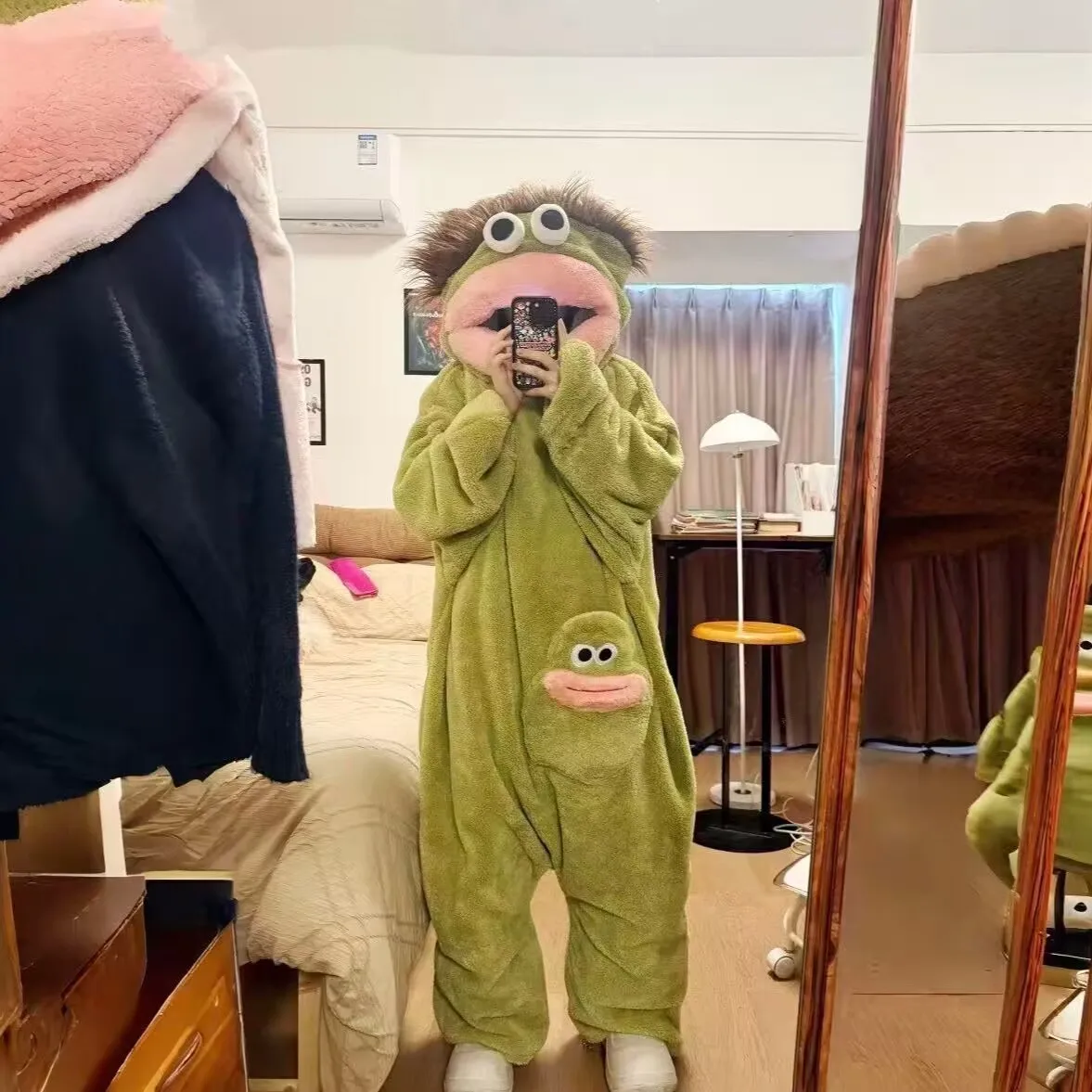 Cartoon Big Mouth Monster Cute Funny Onesie Pajamas Thickened Coral Fleece Homewear For Couples Men Women Autumn Winter Pajamas
