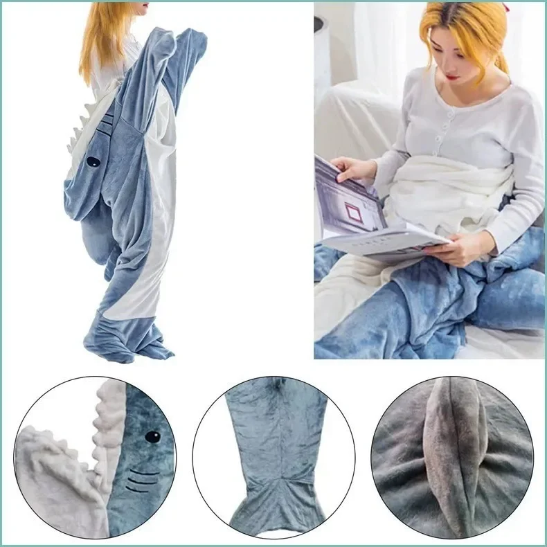 Winter New Shark One-Piece Pajamas Cartoon Animal Sleeping Bag Facecloth Loungewear Warm Leisure Men and Women Trend Pajamas