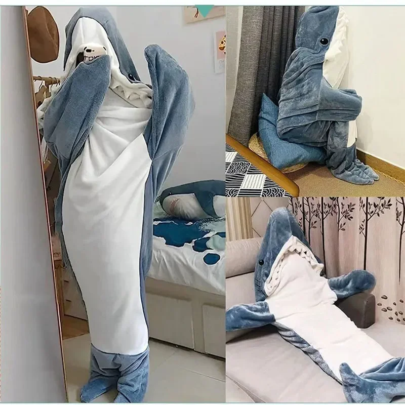 Winter New Shark One-Piece Pajamas Cartoon Animal Sleeping Bag Facecloth Loungewear Warm Leisure Men and Women Trend Pajamas