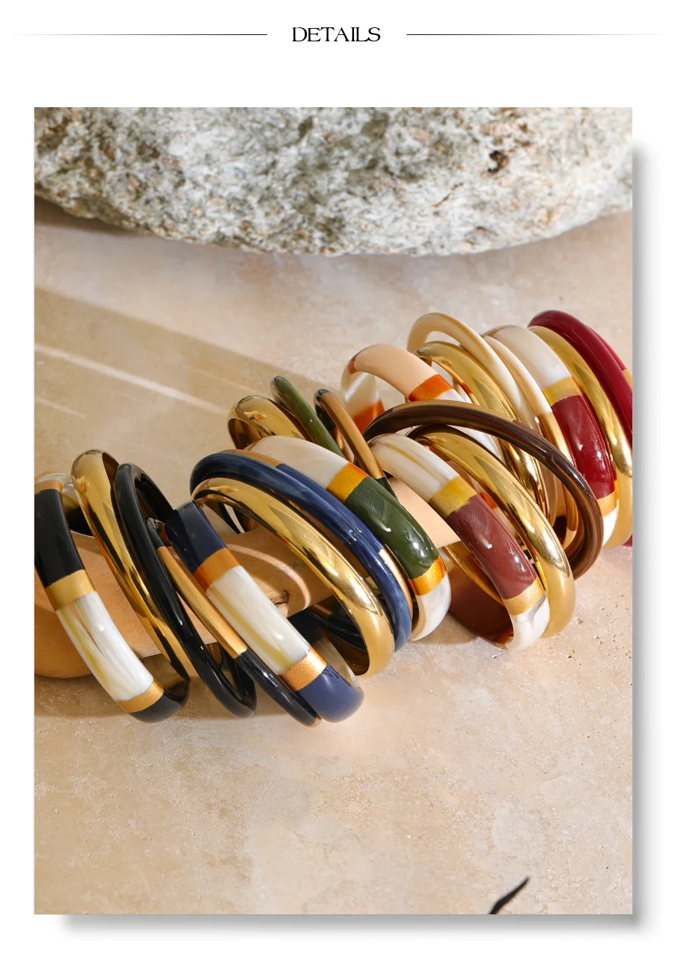 Yhpup 65mm 1Set Stainless Steel Resin Round Layered Bangle Bracelet Multi-Color Autumn Winter Statement Jewelry Waterproof