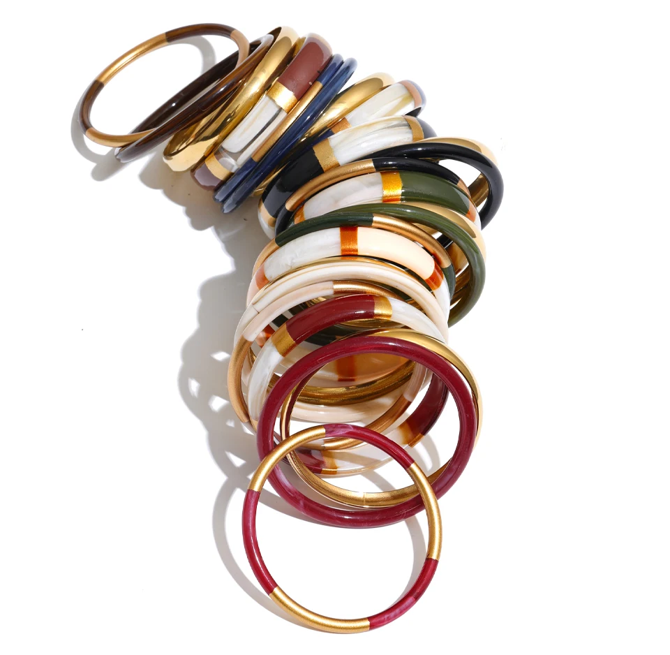 Yhpup 65mm 1Set Stainless Steel Resin Round Layered Bangle Bracelet Multi-Color Autumn Winter Statement Jewelry Waterproof