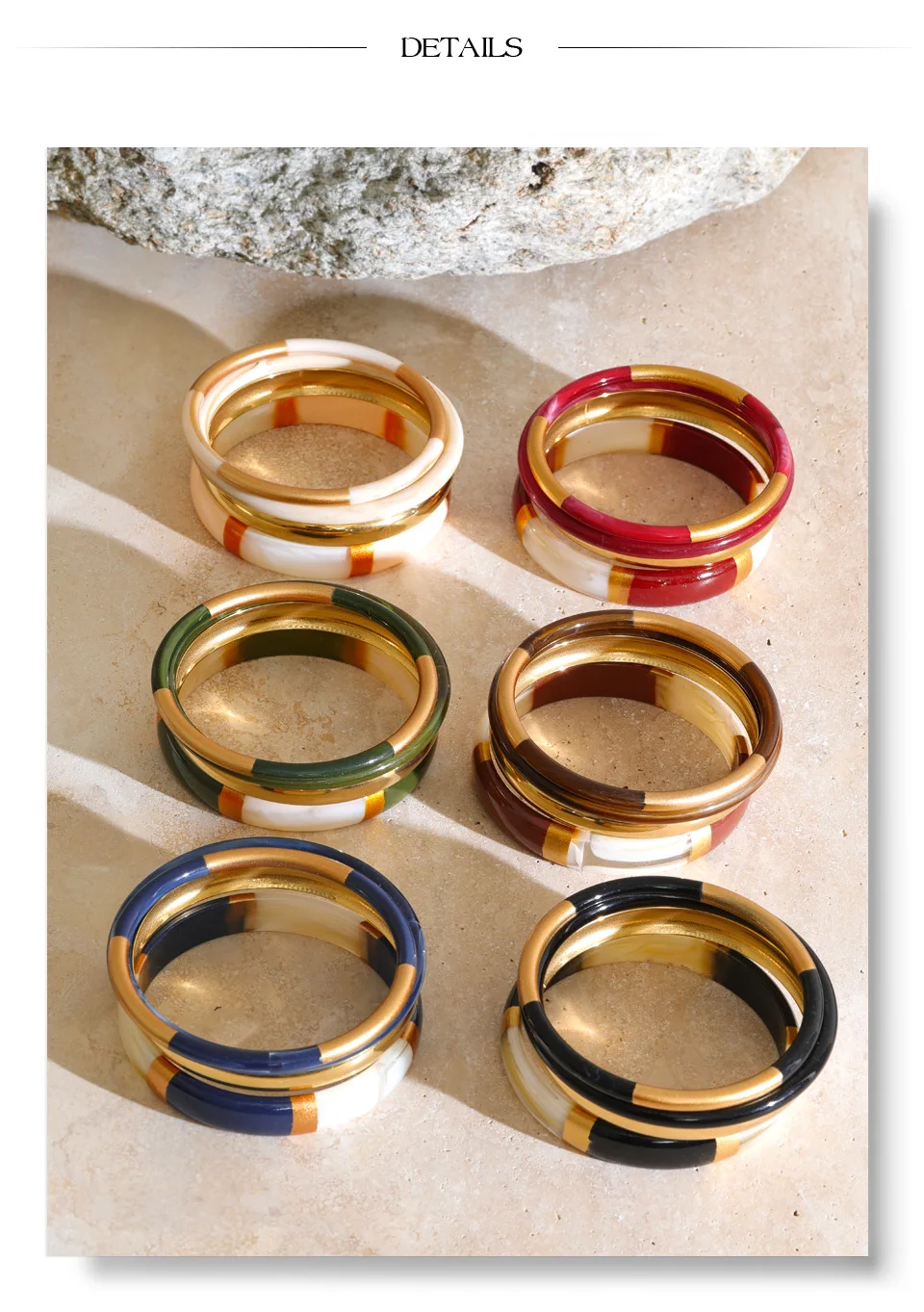 Yhpup 65mm 1Set Stainless Steel Resin Round Layered Bangle Bracelet Multi-Color Autumn Winter Statement Jewelry Waterproof