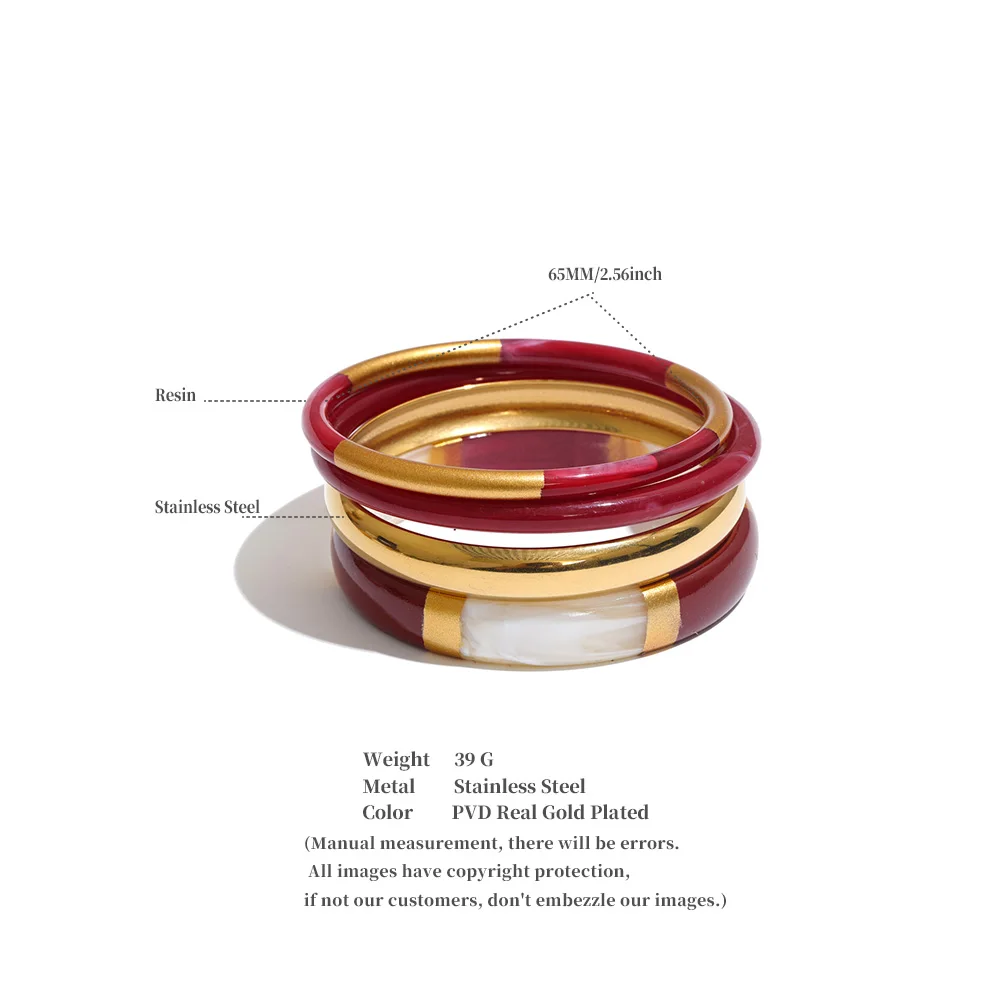 Yhpup 65mm 1Set Stainless Steel Resin Round Layered Bangle Bracelet Multi-Color Autumn Winter Statement Jewelry Waterproof