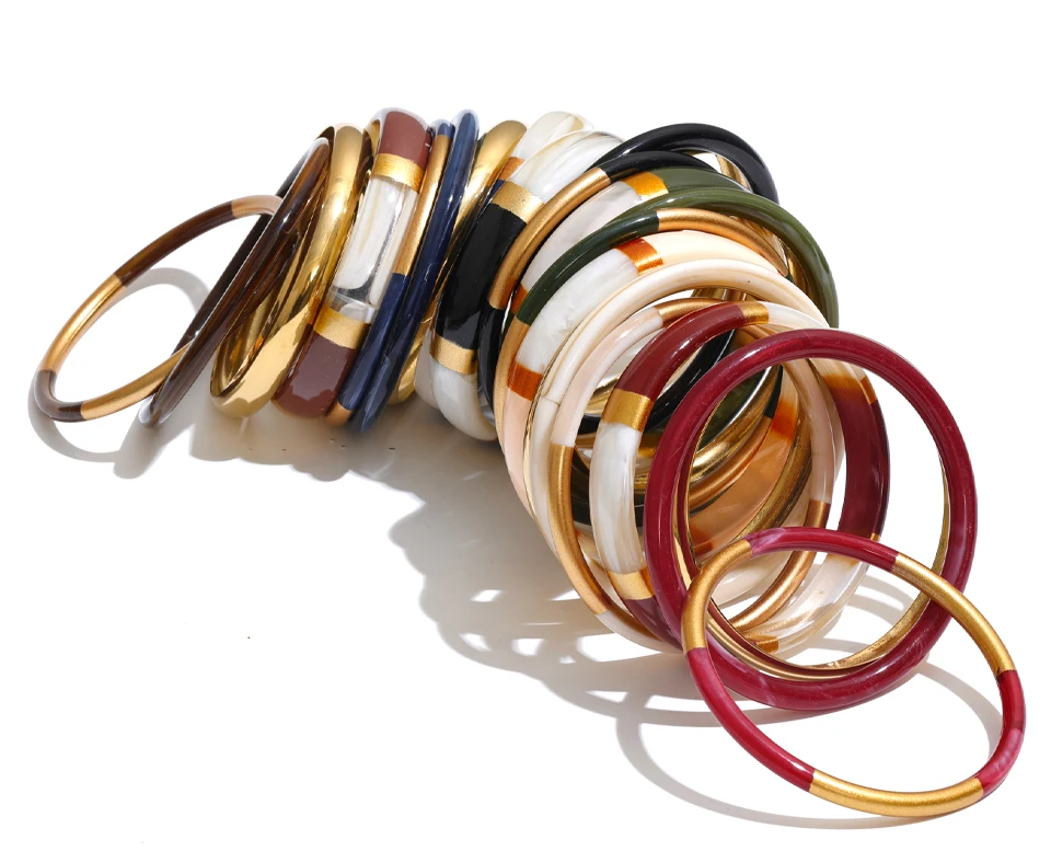 Yhpup 65mm 1Set Stainless Steel Resin Round Layered Bangle Bracelet Multi-Color Autumn Winter Statement Jewelry Waterproof