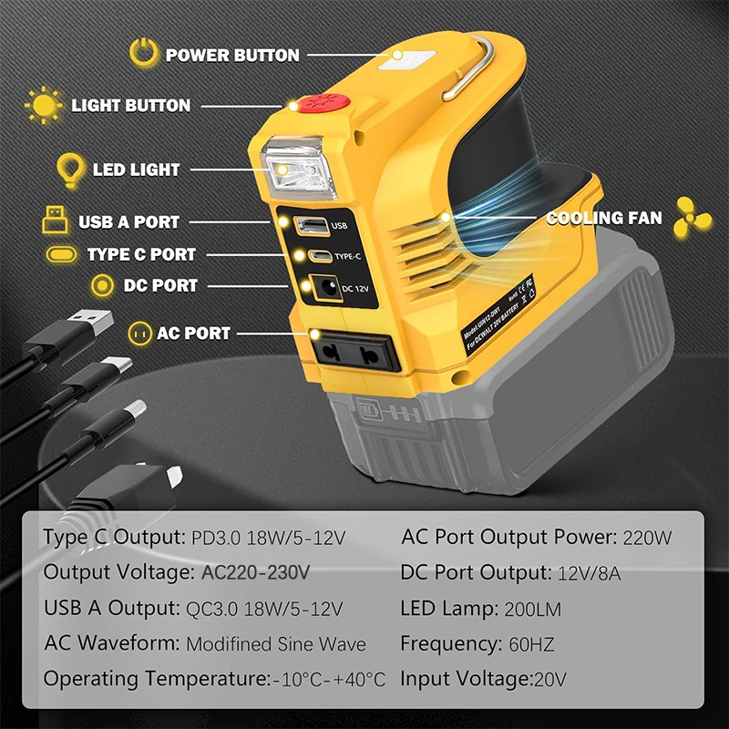 220W Power Inverter DC 18V-21V To AC 220V for Makita for Milwaukee for Einhell for DeWalt for Bosch USB Type-C DC Port Output