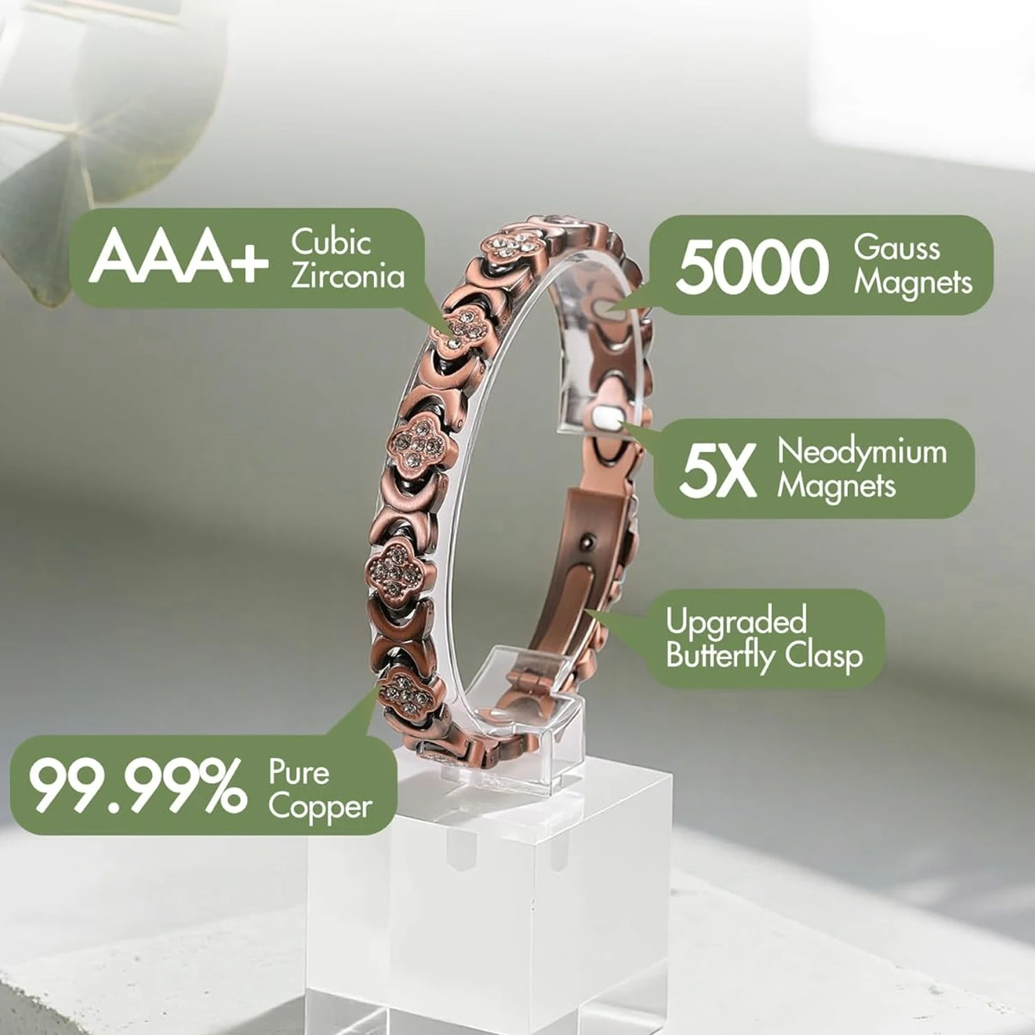 CATZ Pure Copper Women's Bracelet, Super Magnetic Therapy Pain Relief Bracelet with Cubic Zirconia for Gift for Woman