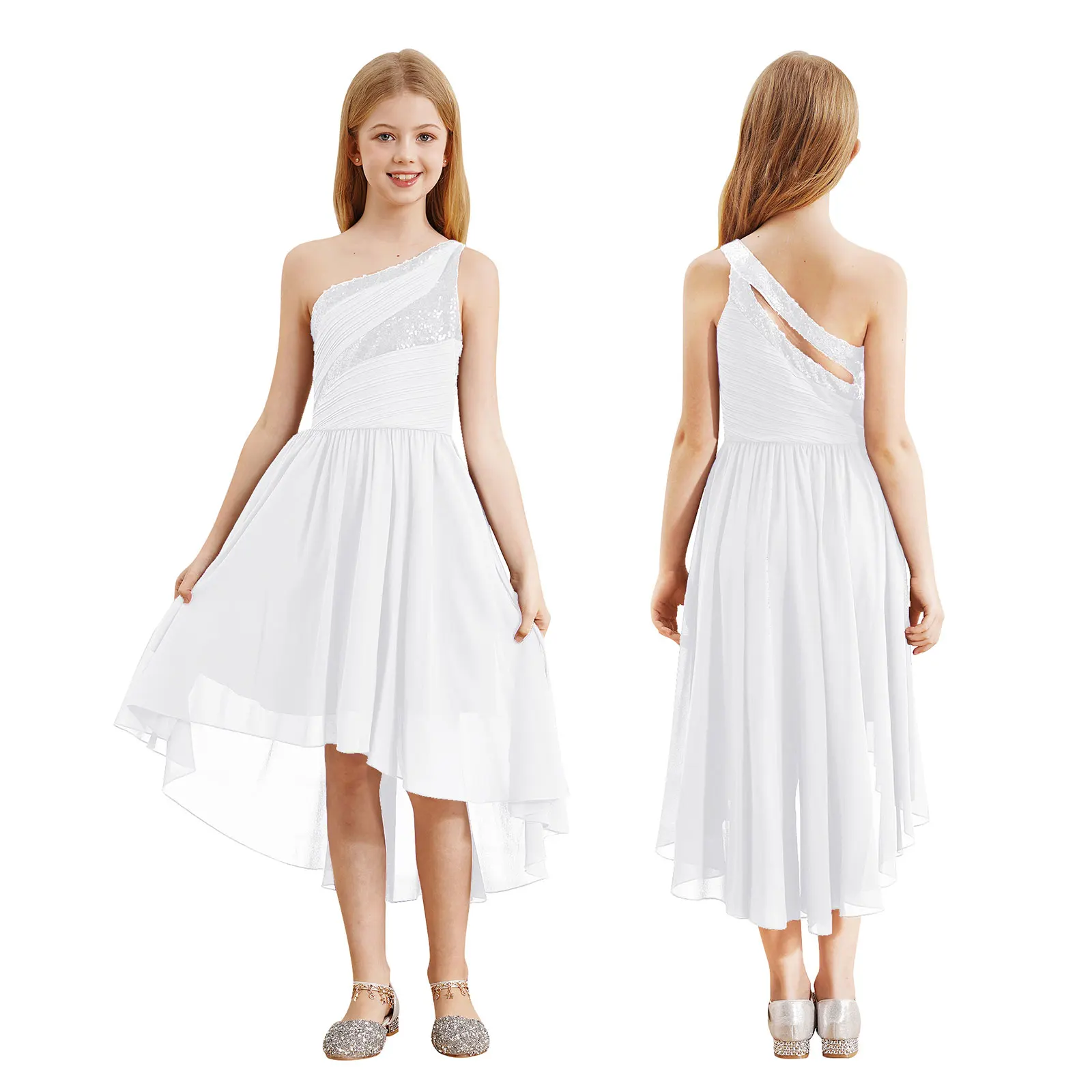 2026 Teens Girl's Dress for Wedding Party Sequin One Shoulder Princess Formal Gown for Holy Communion Chiffon Flower Girl Dress