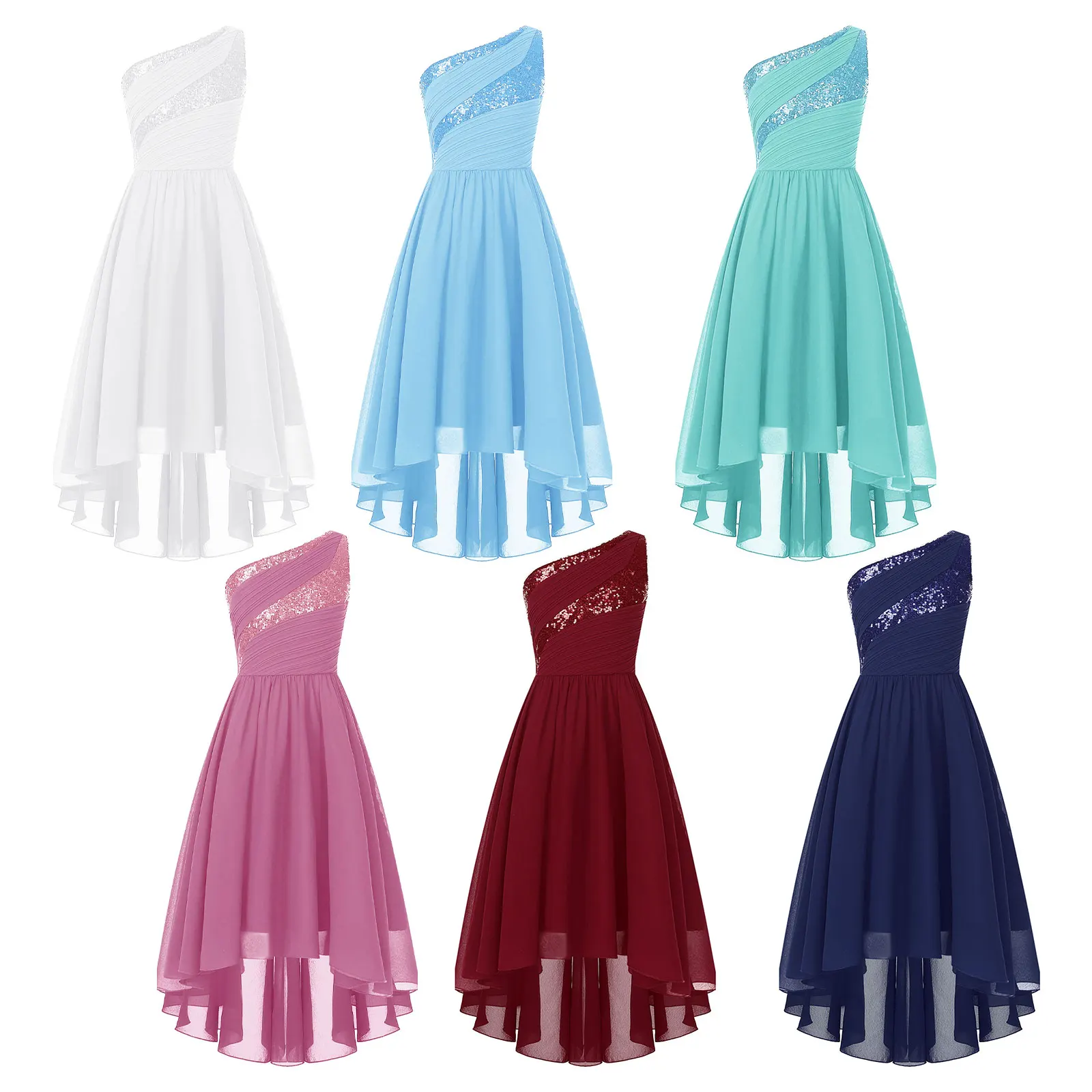 2026 Teens Girl's Dress for Wedding Party Sequin One Shoulder Princess Formal Gown for Holy Communion Chiffon Flower Girl Dress