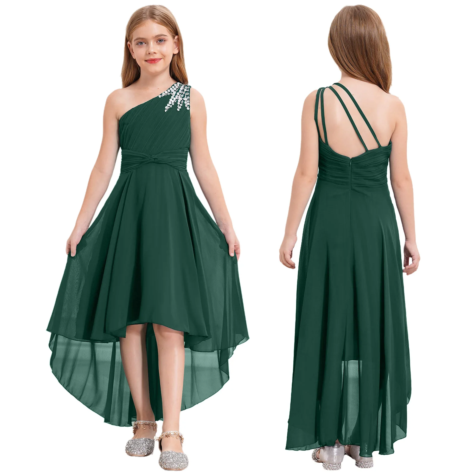 2026 Teens Girl's Dress for Wedding Party Sequin One Shoulder Princess Formal Gown for Holy Communion Chiffon Flower Girl Dress