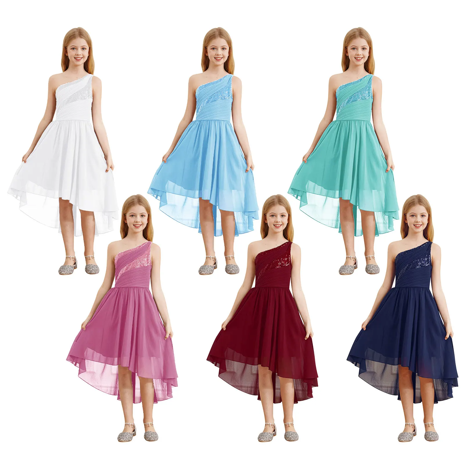 2026 Teens Girl's Dress for Wedding Party Sequin One Shoulder Princess Formal Gown for Holy Communion Chiffon Flower Girl Dress