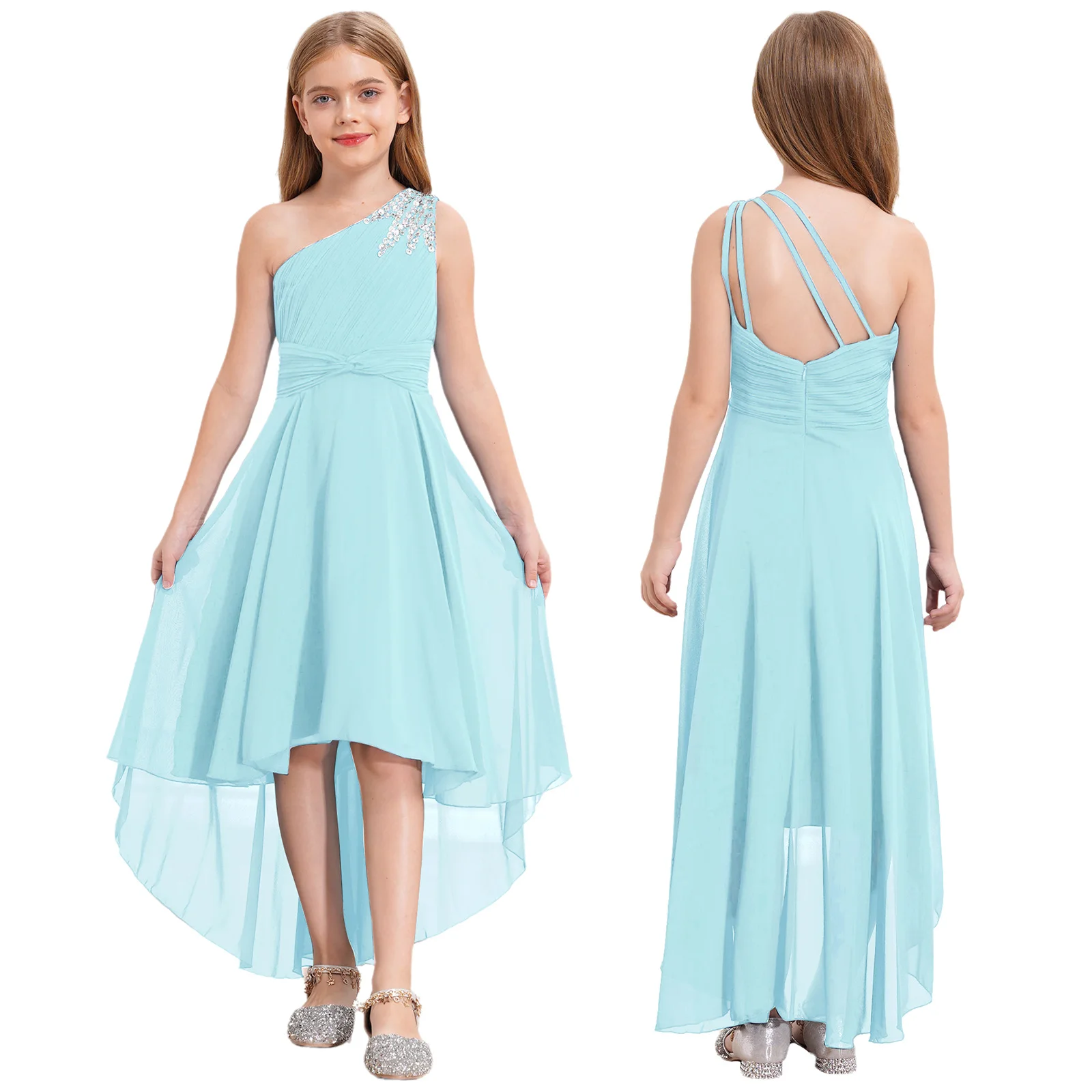 2026 Teens Girl's Dress for Wedding Party Sequin One Shoulder Princess Formal Gown for Holy Communion Chiffon Flower Girl Dress