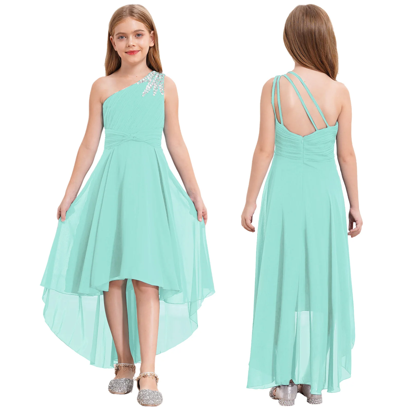 2026 Teens Girl's Dress for Wedding Party Sequin One Shoulder Princess Formal Gown for Holy Communion Chiffon Flower Girl Dress