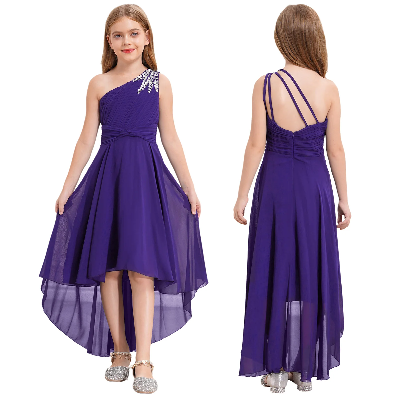 2026 Teens Girl's Dress for Wedding Party Sequin One Shoulder Princess Formal Gown for Holy Communion Chiffon Flower Girl Dress