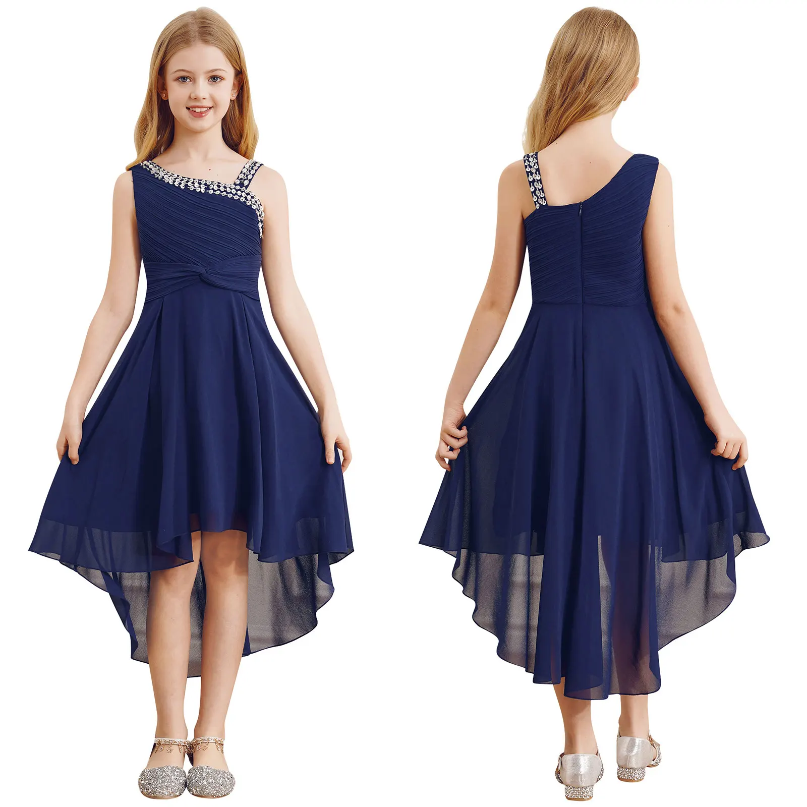 2026 Teens Girl's Dress for Wedding Party Sequin One Shoulder Princess Formal Gown for Holy Communion Chiffon Flower Girl Dress