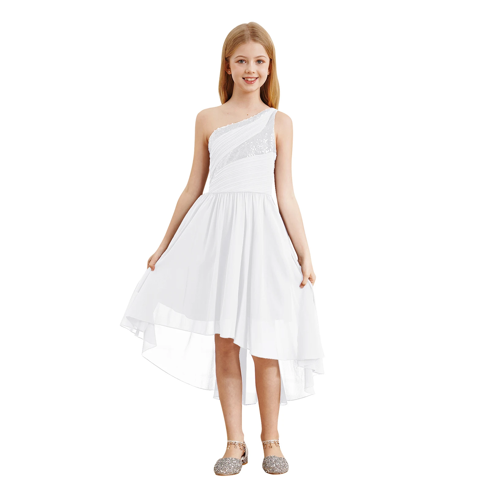 2026 Teens Girl's Dress for Wedding Party Sequin One Shoulder Princess Formal Gown for Holy Communion Chiffon Flower Girl Dress